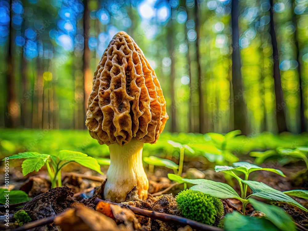 Captivating Close-Up of a Fresh Morel Mushroom in a Natural Forest Setting Captivating Close-Up of a Fresh Morel Mushroom in a Natural Forest Setting