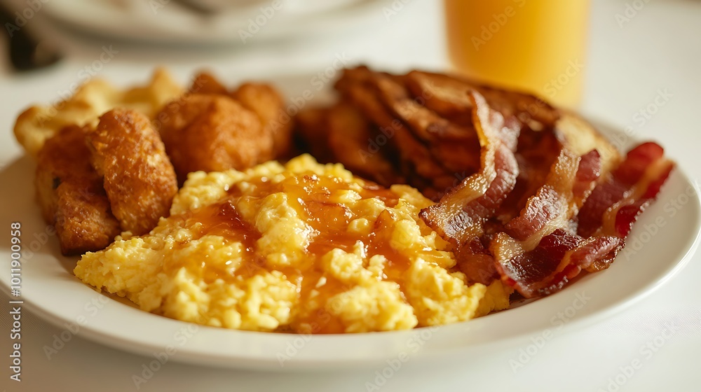 Scrambled eggs, fried chicken, and bacon served with syrup Scrambled eggs, fried chicken, and bacon served with syrup