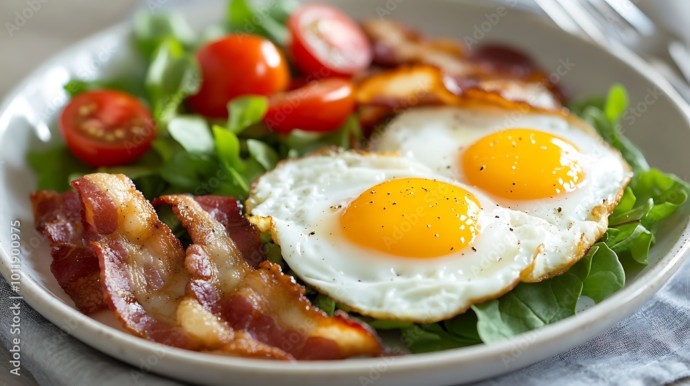 Sunny-side-up eggs with bacon and a fresh salad Sunny-side-up eggs with bacon and a fresh salad