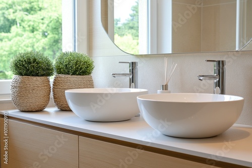 Modern Bathroom Interior Design with Double Sink, Mirror, and Window View