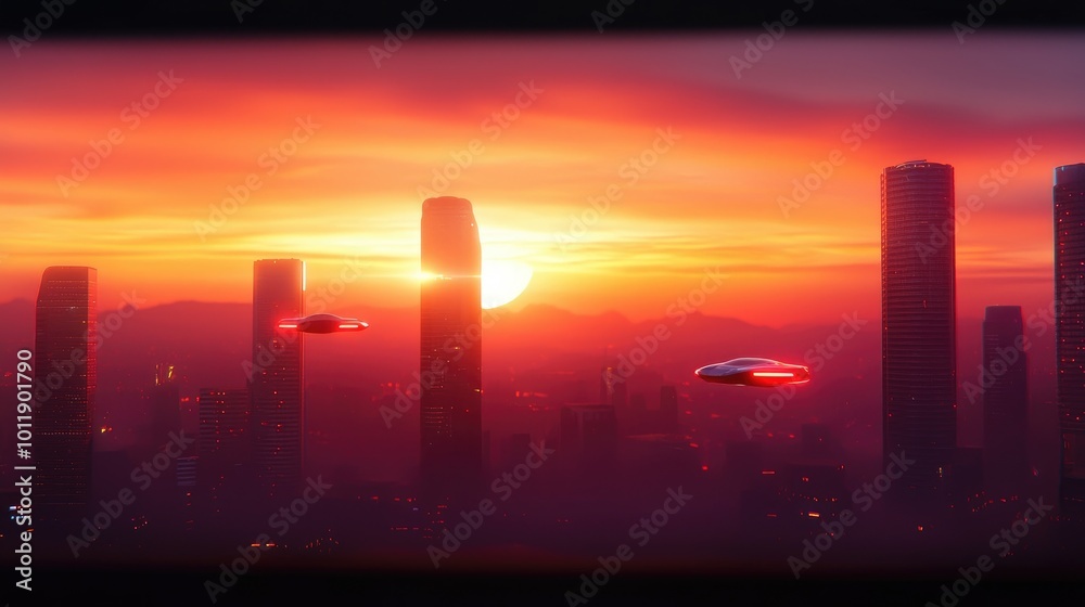 Fototapeta premium Futuristic City at Sunset with Flying Objects