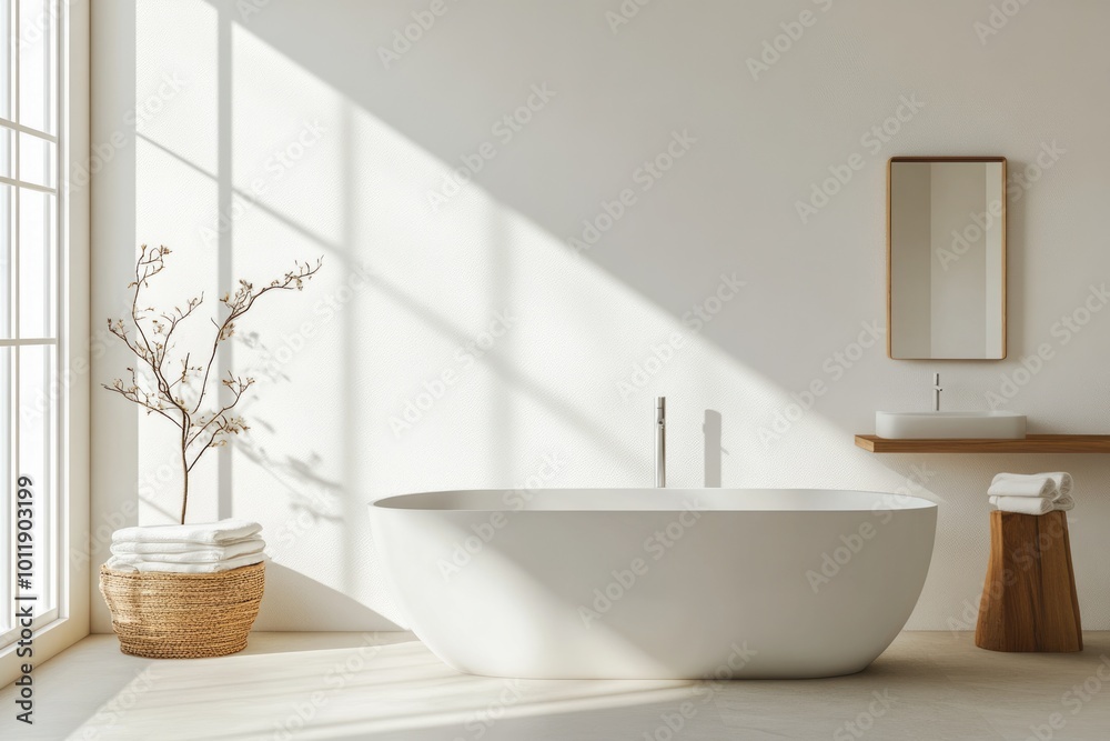 Fototapeta premium Modern Bathroom Interior Design with Bathtub, Sink and Empty Wall Space