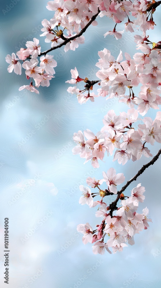 Blossoming cherry trees dance gently in the soft spring breeze beneath a pastel sky Blossoming cherry trees dance gently in the soft spring breeze beneath a pastel sky