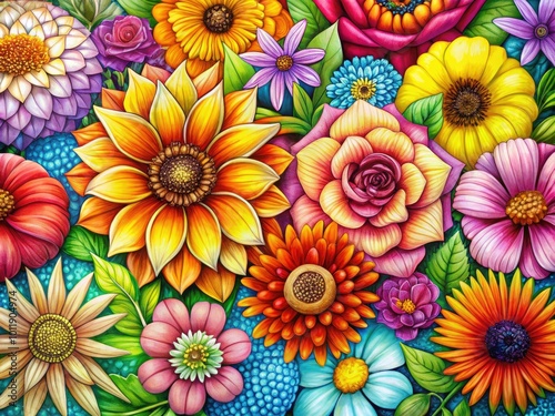 A lively hand-drawn floral illustration featuring diverse and stunning flower designs, showcasing beautiful patterns that capture the essence of nature's vibrant colors and intricate details.