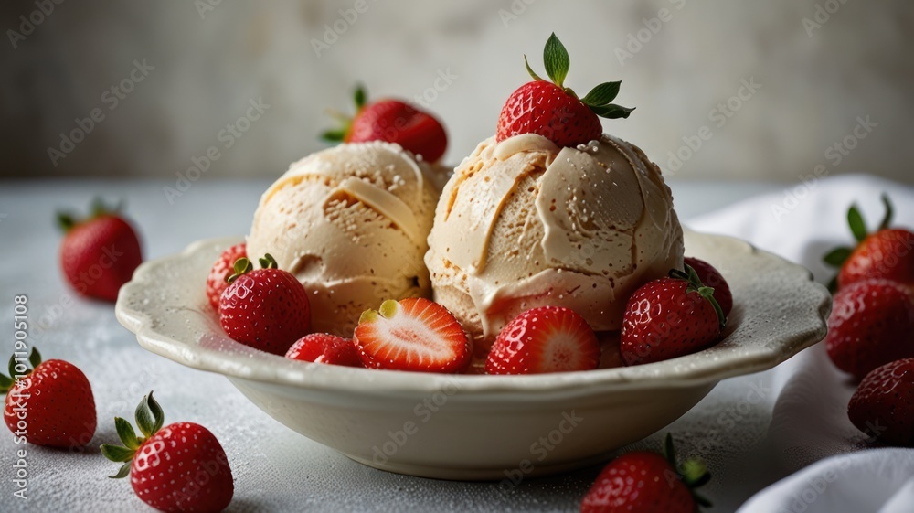 Two scoops of vanilla ice cream topped with strawberries in a white bowl on a light gray surface. Two scoops of vanilla ice cream topped with strawberries in a white bowl on a light gray surface.