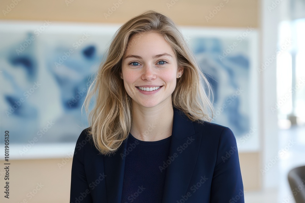 Smiling Woman in Business Attire at Office with Abstract Art Background Smiling Woman in Business Attire at Office with Abstract Art Background