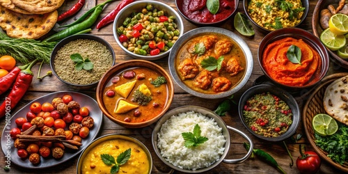 A lively showcase of traditional Indian cuisine with iconic dishes and a kaleidoscope of vibrant ingredients, celebrating rich flavors and culinary heritage in every bite.