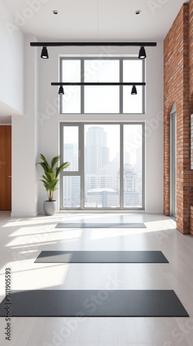 Clean bright white yoga studio gym interior with brick wall window and city view 3d rendering gym room Ultra realistic Photorealistic Cinematic photography photo