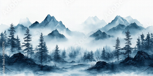 Traditional ink mural painting of misty mountains, pine forest in Chinese or Japanese style. Blue watercolor wallpaper background
