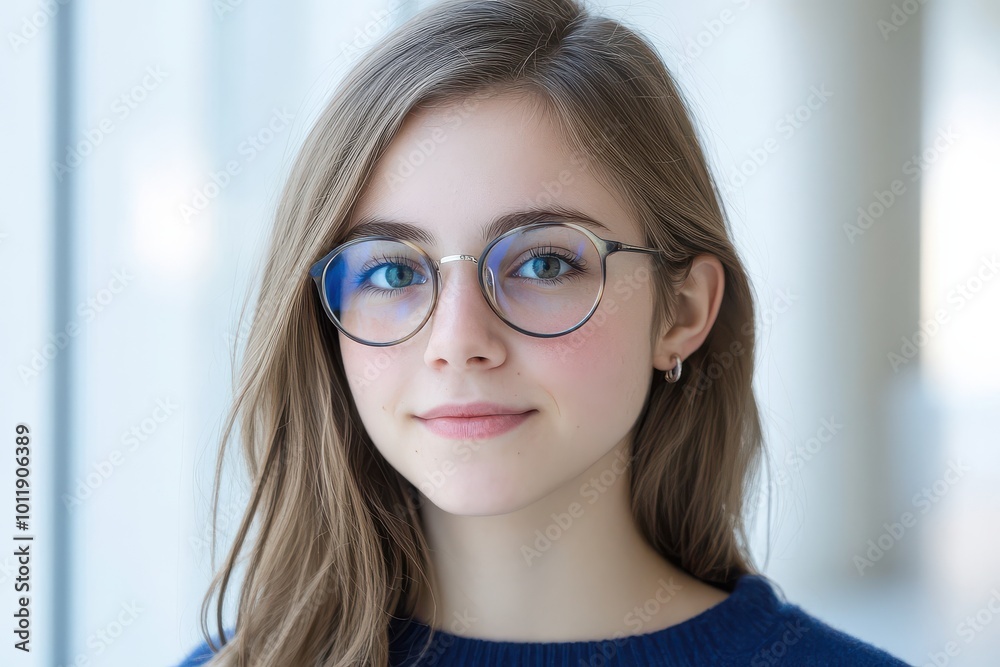 Close-up portrait of a young woman with glasses in a bright indoor setting Close-up portrait of a young woman with glasses in a bright indoor setting