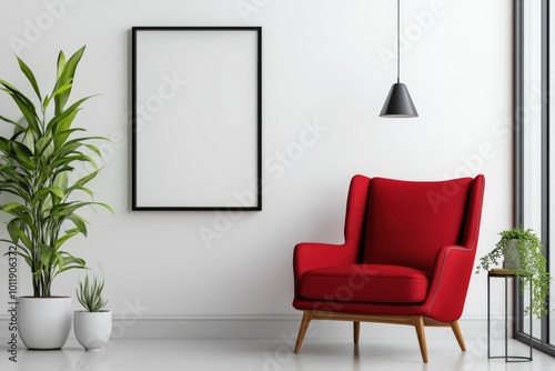 Modern Living Room Interior with Vertical Poster Frames on White Wall