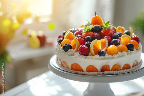 whole beautiful fruit cake in kitchen