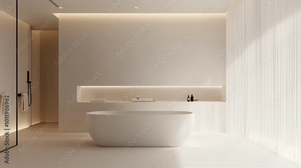 Minimalist bathroom with a freestanding bathtub in the center, white walls, clean lines, soft natural lighting, neutral tones, sleek and modern design
