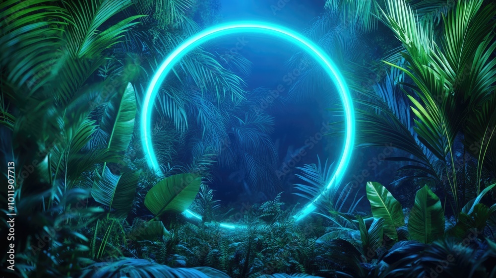 Vibrant Tropical Neon Jungle. Summer Glow and Futuristic Exotic Plants in Circle Neon Frame Vibrant Tropical Neon Jungle. Summer Glow and Futuristic Exotic Plants in Circle Neon Frame