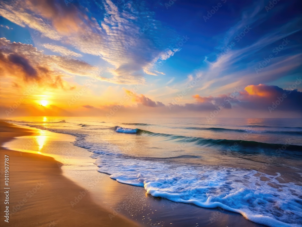 Obraz premium A serene beach at dawn, gentle waves lap at the shore, while soft fog envelops the tranquil ocean, creating a peaceful and calming atmosphere.