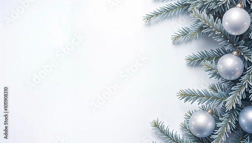 Christmas background of spruce, fir tree, pine and toys on a white background. New Year background. Christmas banner