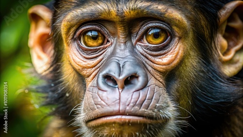 A sorrowful primate, tears streaming down its face, reveals raw vulnerability amidst the tranquil beauty of nature, embodying emotions that resonate deeply with our shared humanity.