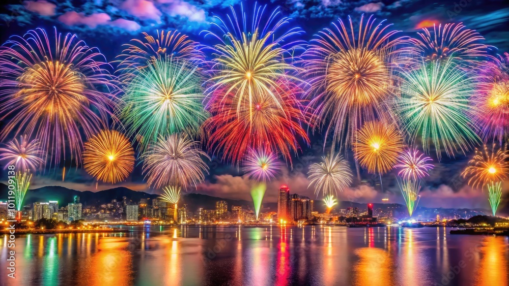 Fototapeta premium Celebrate New Year 2024 with Festive Decorations, Fireworks, and a Joyful Atmosphere of Anticipation