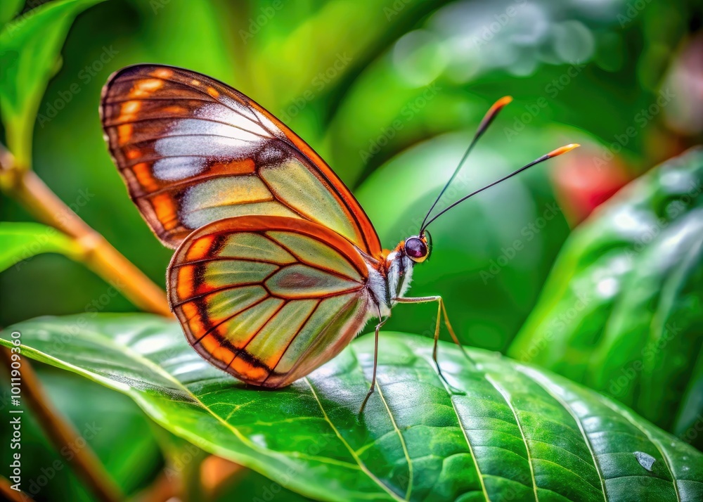 Obraz premium A stunning coffee clearwing butterfly rests delicately on lush green leaves, showcasing its beauty in a vibrant, tropical garden filled with colorful flora and serene tranquility.