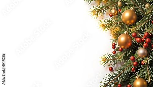 Christmas background of spruce, fir tree, pine and toys on a white background. New Year background. Christmas banner