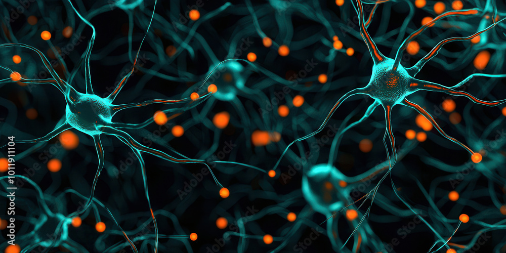 Neurons interconnected with glowing data points create mesmerizing neural network. This illustration captures complexity and beauty of neural connections, showcasing vibrant interplay of light and Neurons interconnected with glowing data points create mesmerizing neural network. This illustration captures complexity and beauty of neural connections, showcasing vibrant interplay of light and