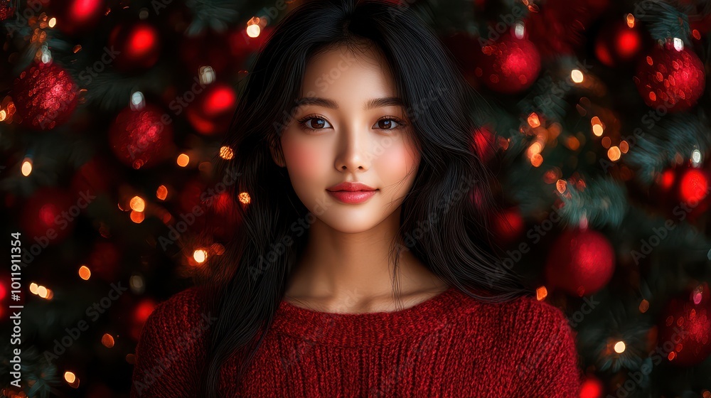 Portrait of a young woman smiling in front of a decorated Christmas tree with red ornaments and bokeh lights Portrait of a young woman smiling in front of a decorated Christmas tree with red ornaments and bokeh lights