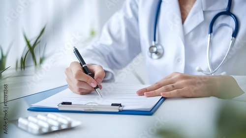 Doctor Writing Prescription on Clipboard Medical Professional Healthcare