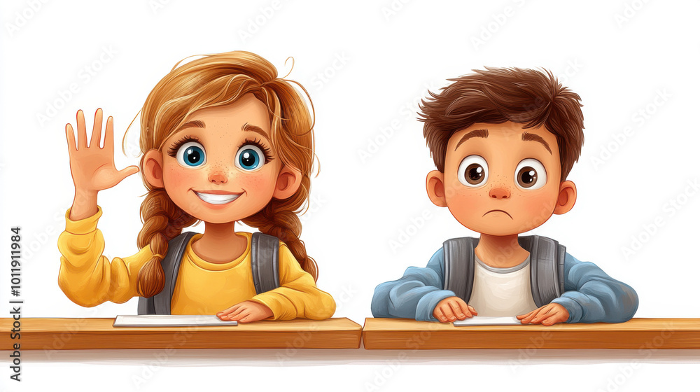 Illustration of a cheerful girl with braided hair waving and a curious boy with a puzzled expression sitting next to her in a classroom setting. both have backpacks and are seated at a wooden desk Illustration of a cheerful girl with braided hair waving and a curious boy with a puzzled expression sitting next to her in a classroom setting. both have backpacks and are seated at a wooden desk
