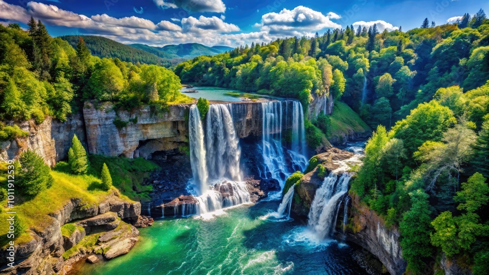 Fototapeta premium A stunning waterfall tumbles down rugged cliffs, embraced by vibrant green forests under a brilliant blue sky, creating a breathtaking natural spectacle.