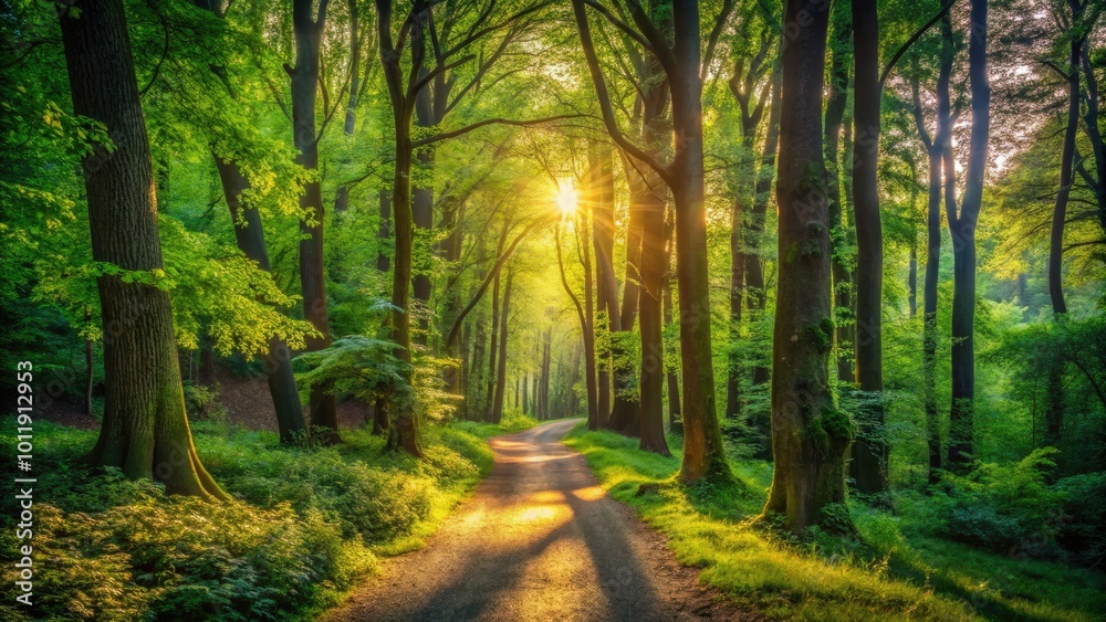A tranquil trail winds through vibrant green trees in a sunlit forest, where soft, dappled light dances gently upon the lush, peaceful surroundings. A tranquil trail winds through vibrant green trees in a sunlit forest, where soft, dappled light dances gently upon the lush, peaceful surroundings.