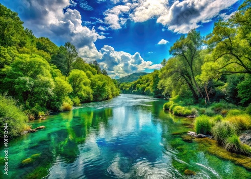 A tranquil river scene showcasing natureâ€™s beauty, featuring lush greenery and serene waters, encapsulating the peaceful harmony of a vibrant outdoor landscape.