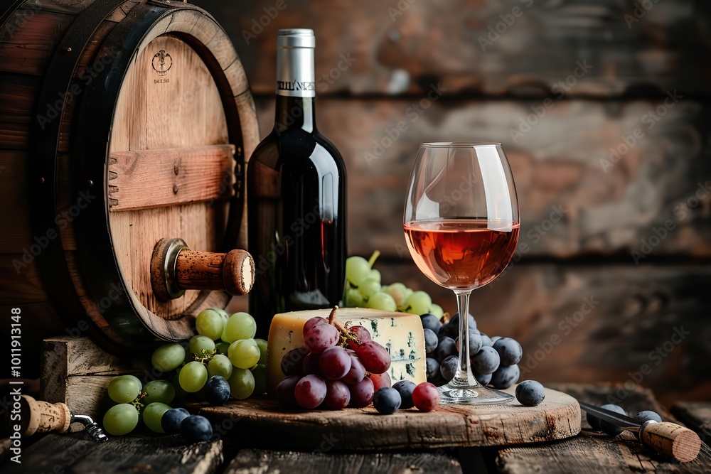 Obraz premium Pairing of Wineglasses and Cheese, Grapes, Wine bottle among a Wooden Barrel. Charming rustic setting. Rustic Wine Archive Cellar. Concept of winery, grape products, wine production.