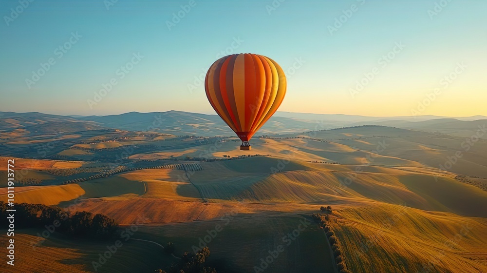 Fototapeta premium Balloon drifting at sunrise over a breathtaking landscape capturing beauty in flight