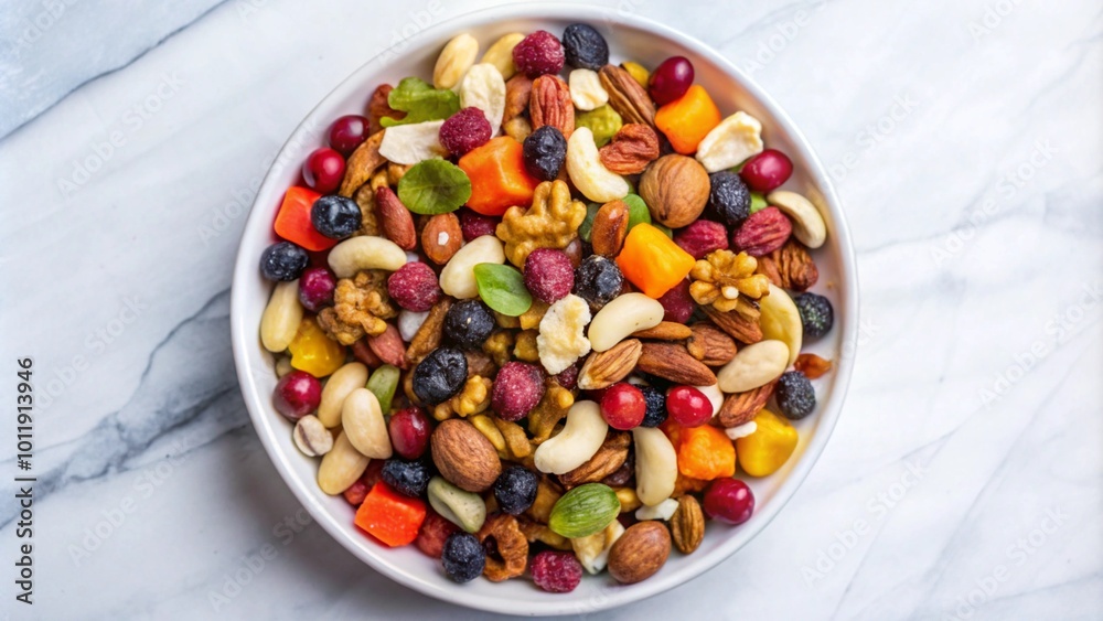 A bowl of mixed nuts, dried fruit, and candy on a marble surface. A bowl of mixed nuts, dried fruit, and candy on a marble surface.