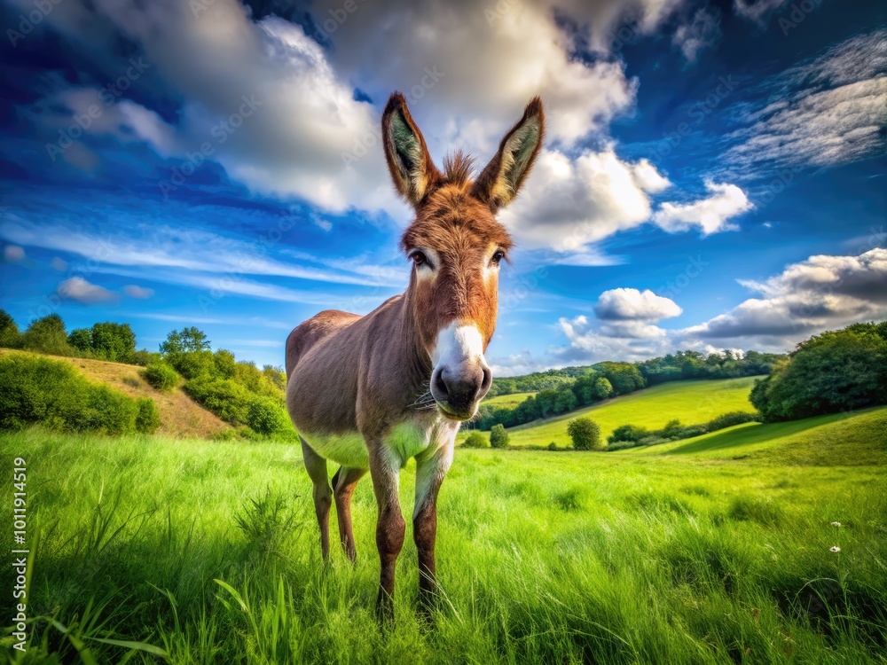 Charming donkey standing in a lush green field under a clear blue sky with bright sunshine overhead Charming donkey standing in a lush green field under a clear blue sky with bright sunshine overhead