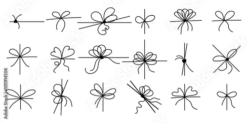 Set of Bow simple line gift ribbon collection, lines, corners decoration design. Bowknot for christmas package, parcel, letter, birthday invitation, greeting card. Vector doodle illustration 
