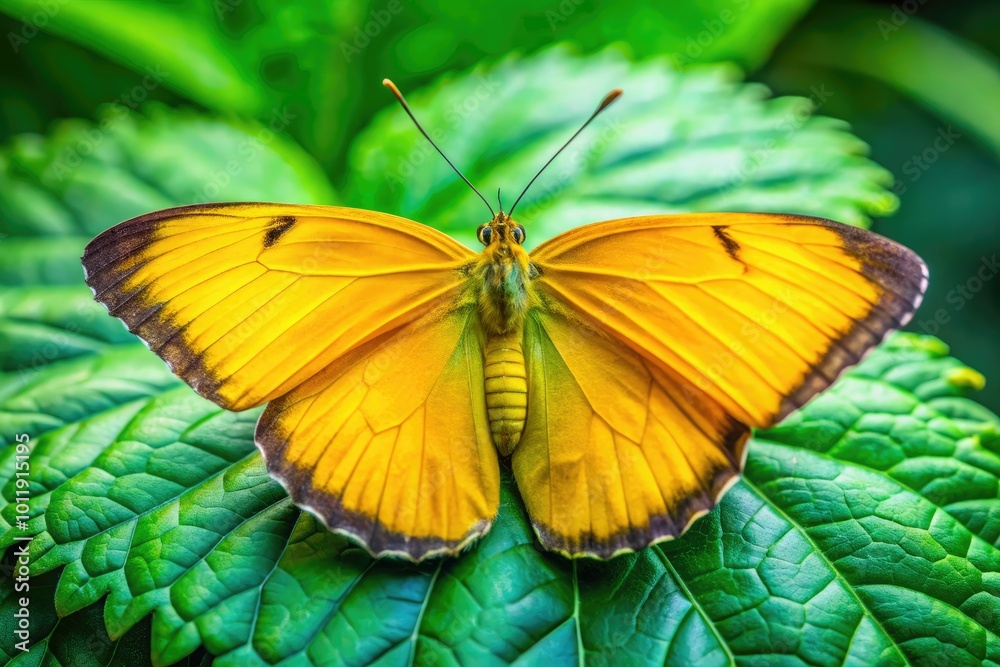 Beautiful Solid Yellow Butterfly Sitting Gracefully on a Green Leaf in Natural Outdoor Environment