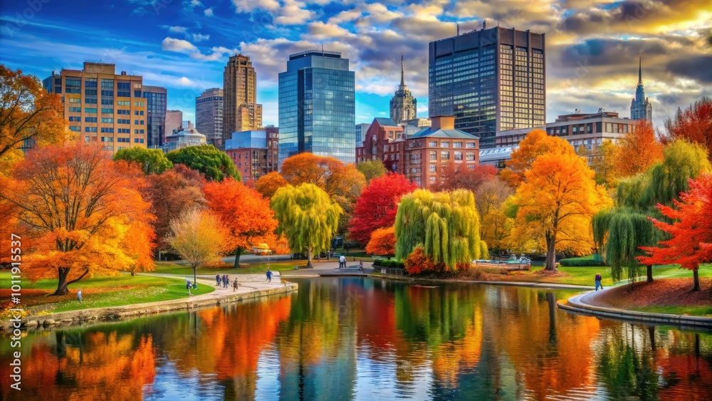 Obraz premium Boston's parks and streets burst with vibrant autumn colors, showcasing breathtaking foliage that highlights the city's scenic beauty during the enchanting fall season.