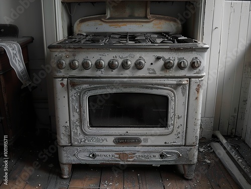 Vintage White Gas Stove in an Abandoned Kitchen