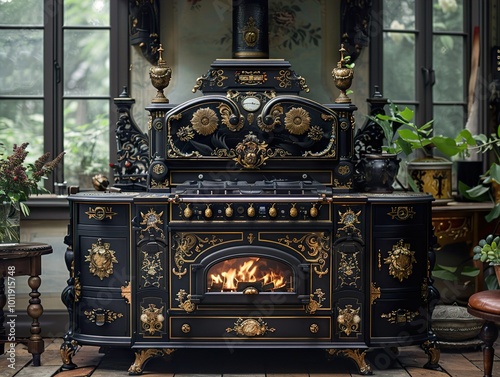 Ornate Black Vintage Stove with Gold Accents