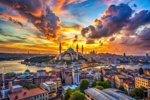 Breathtaking Istanbul skyline at sunset, featuring magnificent architecture beneath a vibrant, colorful sky filled with dramatic clouds, creating a stunning visual masterpiece.