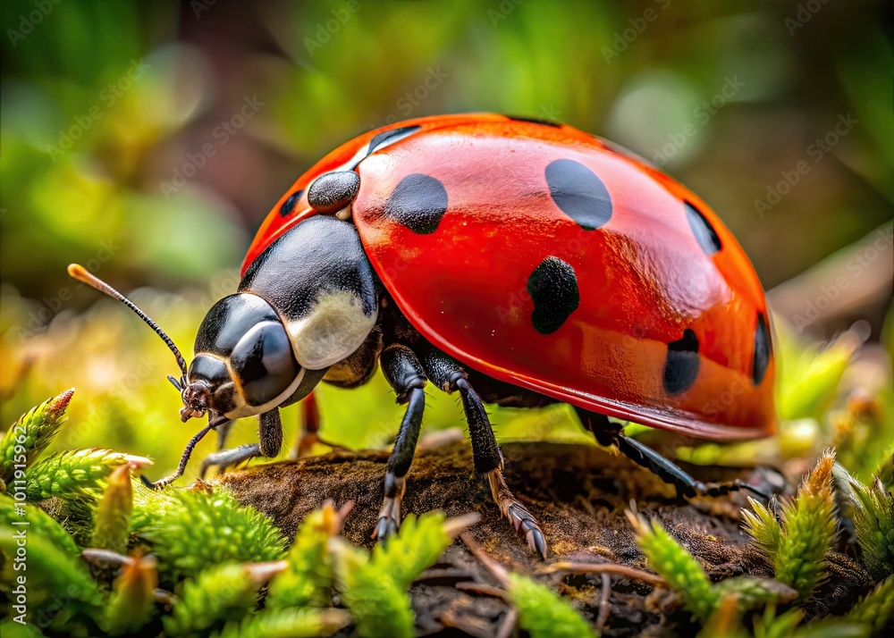 Obraz premium Charming Ladybug Drawing with Vibrant Red Shell and Black Spots on a Soft Natural Background