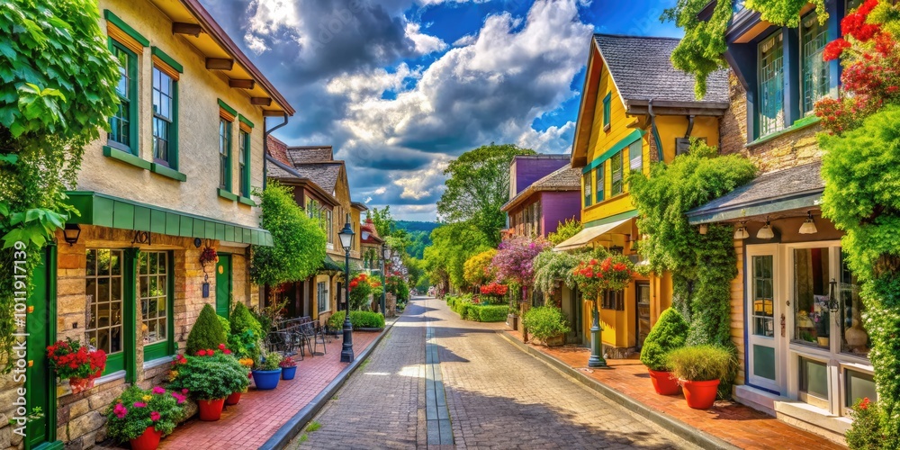 Fototapeta premium Charming Small Town Street with Quaint Shops and Lush Greenery Under a Clear Blue Sky
