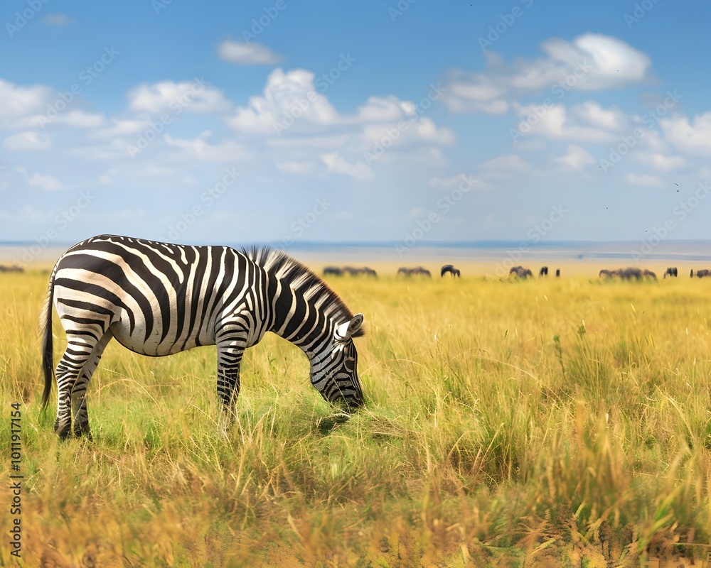 Zebra Grazing on Grass in the African Plains with Herd in Background under Bright Cloudless Sky Zebra Grazing on Grass in the African Plains with Herd in Background under Bright Cloudless Sky