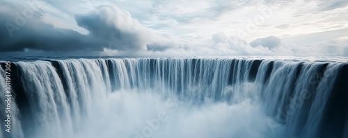 Dramatic waterfall in stormy weather, turbulent water and clouds, 3D illustration