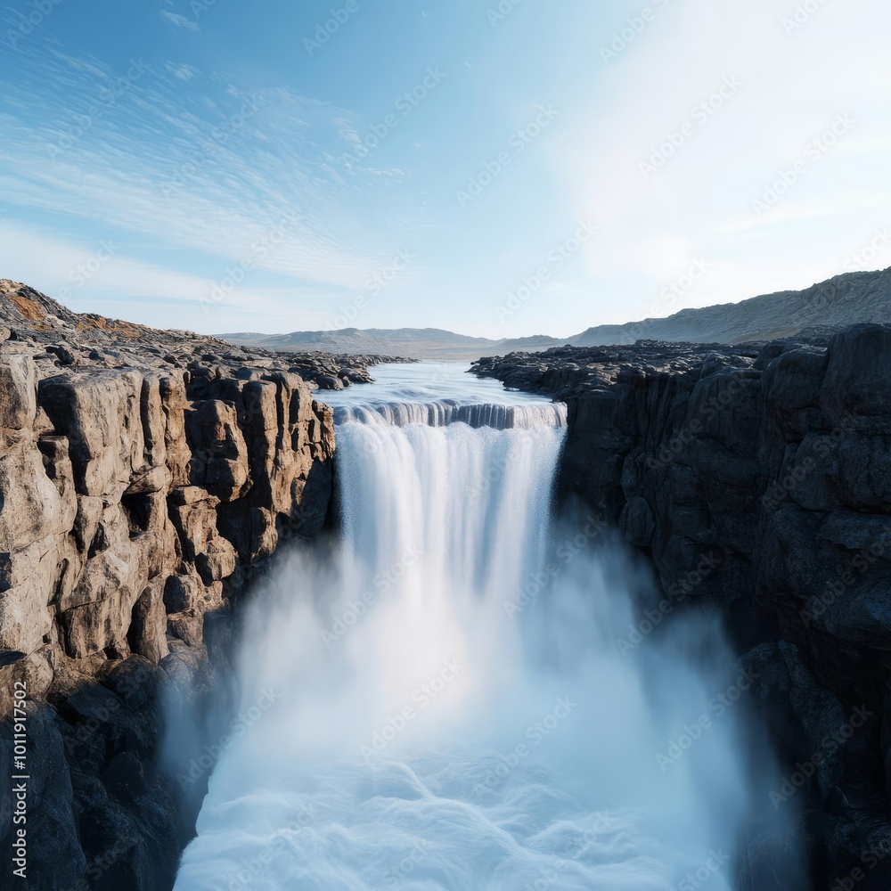 Dynamic waterfall in a rocky canyon, mist swirling in air, 3D illustration Dynamic waterfall in a rocky canyon, mist swirling in air, 3D illustration