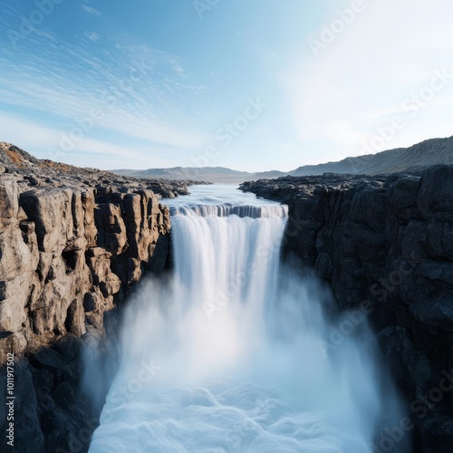 Dynamic waterfall in a rocky canyon, mist swirling in air, 3D illustration