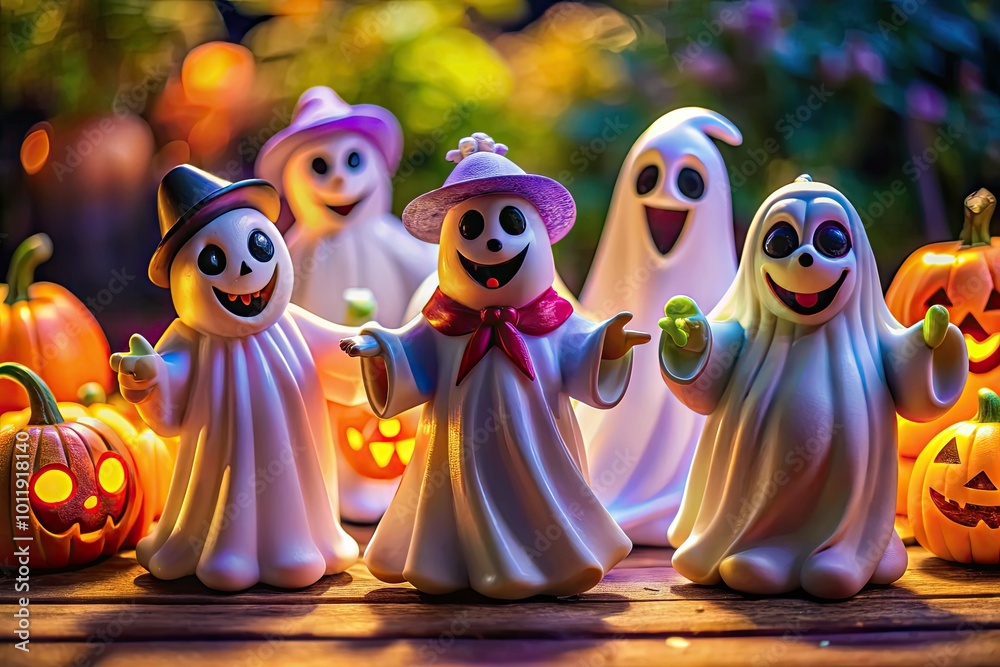 Fototapeta premium Charming ghost characters in lively poses, ideal for Halloween celebrations and spooky-themed events, embodying playful spirits that bring joy and mystery to the season.