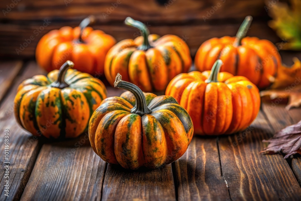 Charming Mini Tiger Pumpkins Displayed Together on Rustic Wooden Table for Autumn Decor Inspiration Charming Mini Tiger Pumpkins Displayed Together on Rustic Wooden Table for Autumn Decor Inspiration
