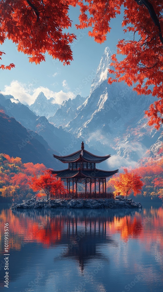 Obraz premium A serene landscape featuring a traditional pavilion surrounded by vibrant red autumn foliage